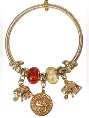 Gold Tone Elephant Charm Bangle Bracelet with Elephant Head Beads NWT